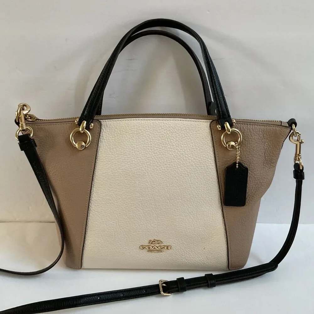 Coach Kacey Satchel Leather Bag in Colorblock Gold Chalk Tan Convertible C6841